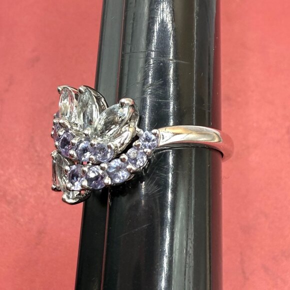 Glamorous Blue Topaz Purple Amethyst Sterling Silver Cocktail Gems Ring Size 8 - Picture 4 of 12